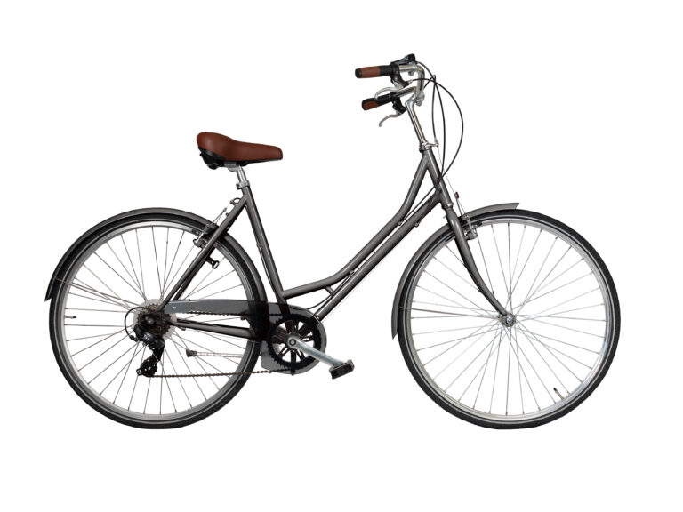 Black retro bicycle with brown saddle and handles, generic bike side view